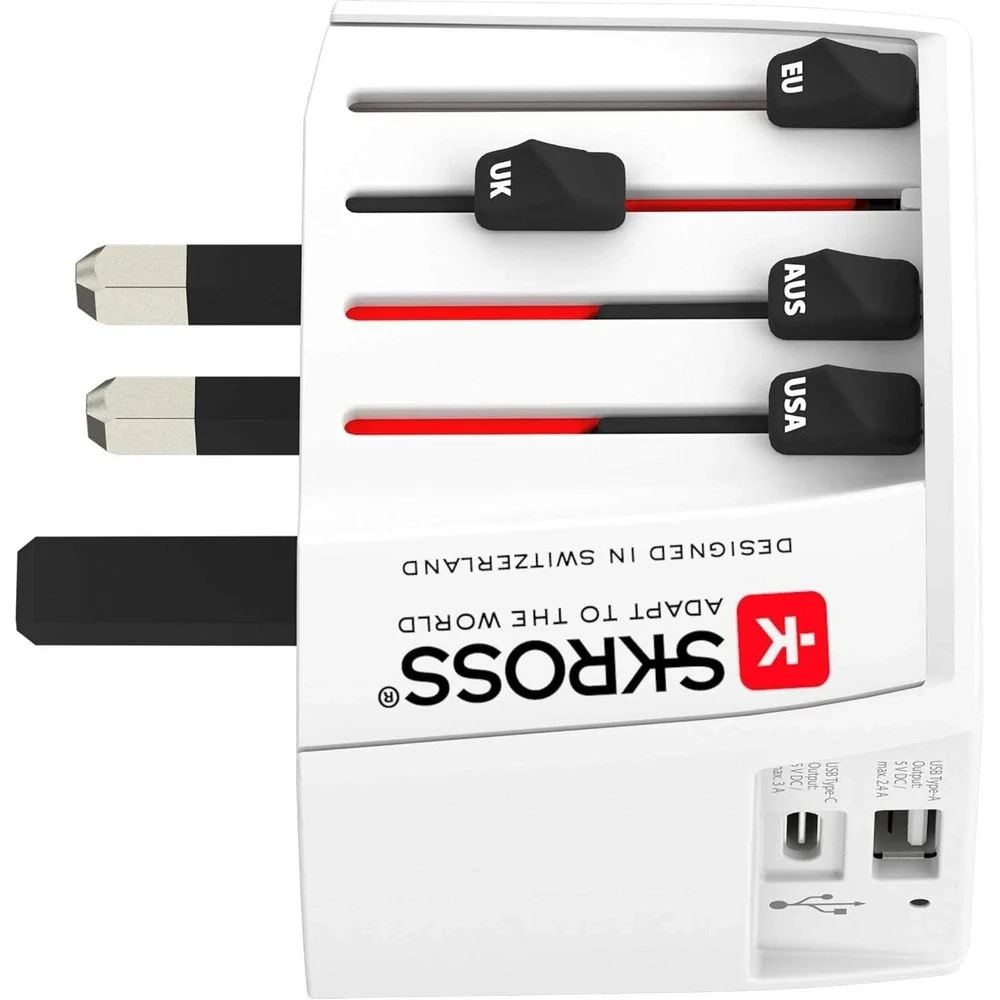 SKROSS Universal Travel Plug with USB and USB C, 1.302962, White Type G (UK)